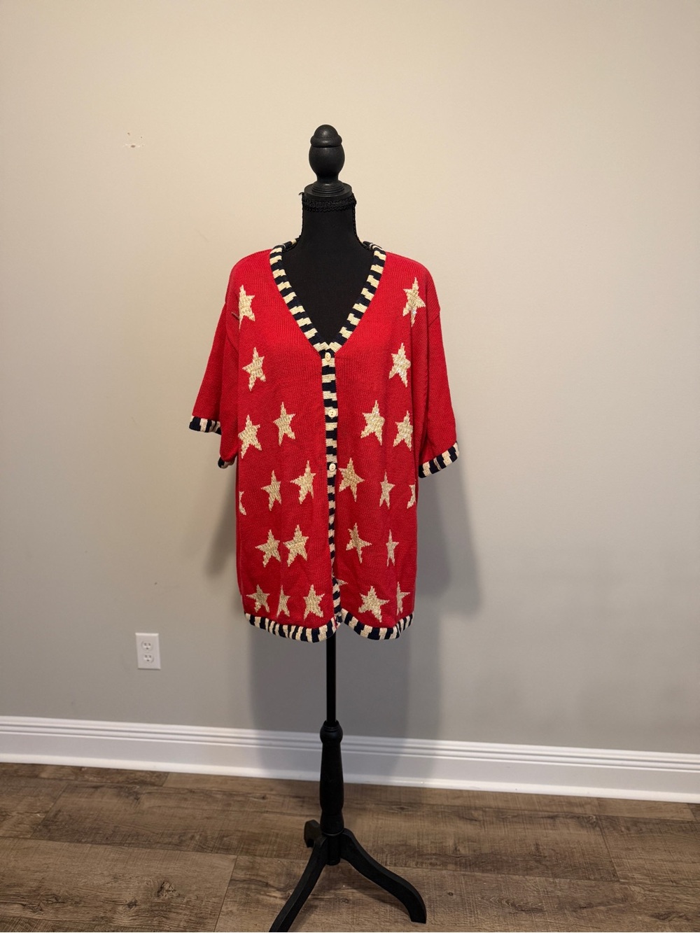 Quacker Factory Red Star Cardigan with Black & White Trim